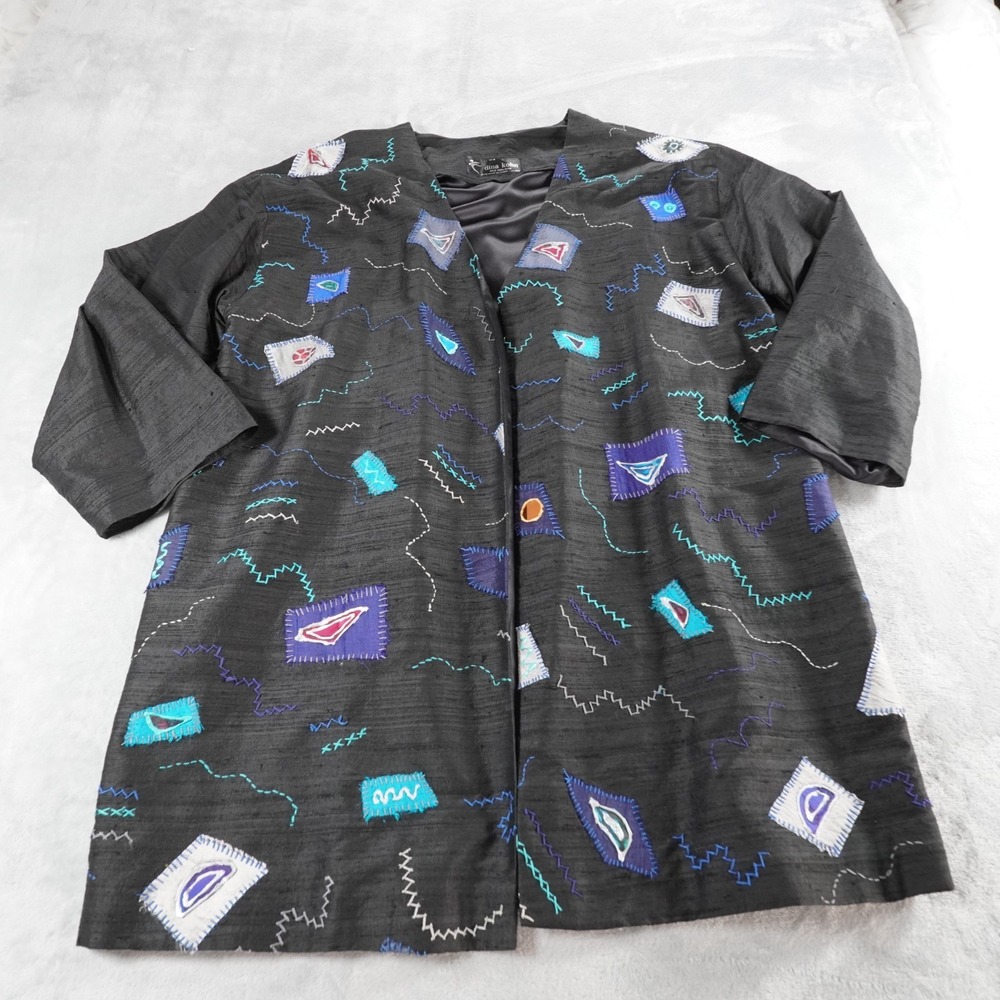 Dina Kohn Artwear Silk Taffeta Kimono Open Jacket OS Black Embroidered Vtg 90s - Picture 2 of 12
